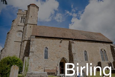 All Saints Birling exterior view and overlaying text
